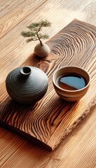 Wooden tray with teacup and vase