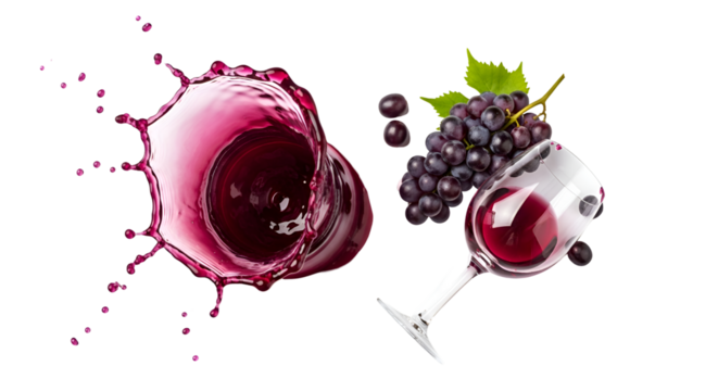 Captivating Red Wine Splashes Out of Glass with Grapes on Transparent Background Displaying Elegance