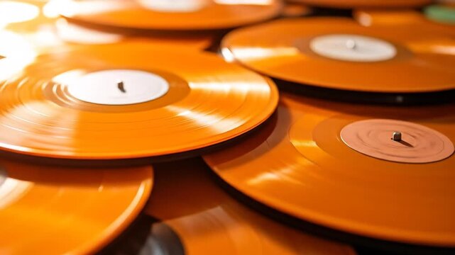 Collection of Vibrant Orange Vinyl Records Stacked in a Pile with Warm Lighting Creating a Retro and Nostalgic Artistic Composition