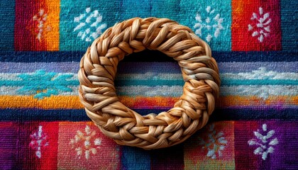 Woven circle on colorful fabric