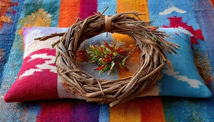 Woven wreath on colorful rug