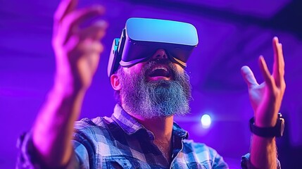 Bearded Man Dancing in VR Glasses with Excitement, Wearing Flannel Shirt Against Purple Background, Virtual Reality Event Experience