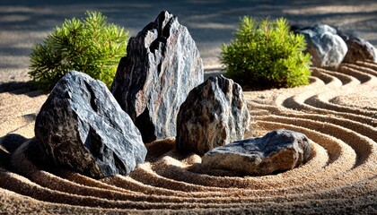 Zen garden with rocks and sand patterns