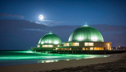 Obraz premium Coastal Domes Illuminated at Night Under a Full Moon