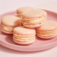 Fototapeta premium Delicate pink macarons, infused with beet and lemon cream, rest gracefully on a soft pink plate. The diffused light enhances the contrast between shells and filling, creating a tantalizing display