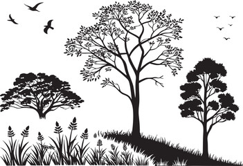 Obraz premium Silhouette Tree and Plant Icons on White Background Vector Set
