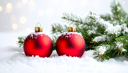 Obraz premium Festive Ornament Bliss: Captivating the spirit of the holidays, two vibrant red ornaments rest serenely amidst a pristine bed of snow and fresh evergreen branches.