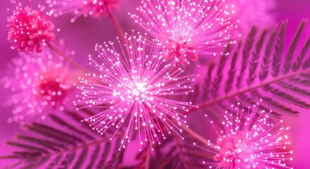 Beautiful pink mimosa flowers in full bloom, creating a vibrant floral display