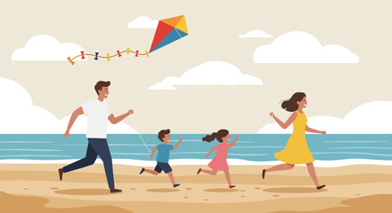 Fototapeta premium Family of four flying a diamond-shaped kite on a sunny beach