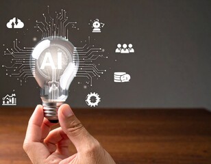 AI Innovation Concept: Hand Holding Lightbulb with AI Graphics