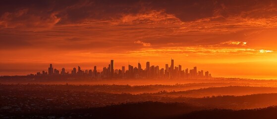 Fototapeta premium Fiery Sunset over Gold Coast Skyline