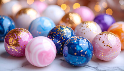 Fototapeta premium Colorful Orbs of Festive Delight: A vibrant collection of decorative orbs, each adorned with unique swirls and golden accents, sits gracefully, suggesting a festive, celebratory atmosphere. 