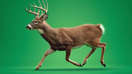 A deer with antlers running quickly across a green background in a full body side shot image green screen animal video - Powered by Adobe