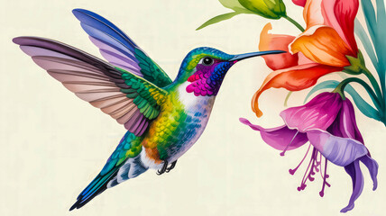 Vibrant hummingbird near colorful flowers flying wings