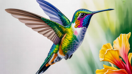 Obraz premium Vibrant hummingbird near yellow hibiscus flying wings spread