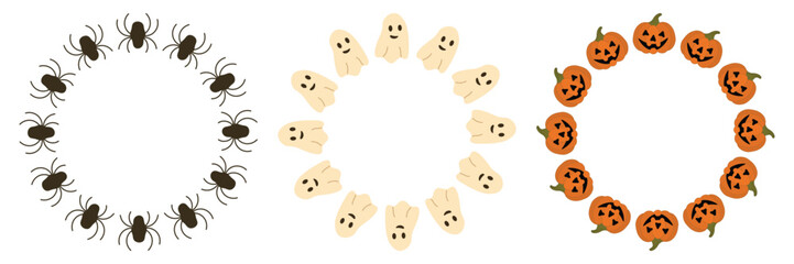 Set of round Halloween wreaths made of spooky spiders, flying ghosts, and smiling jack-o'-lanterns. Perfect for holiday invitations, posters, cards, and festive design elements. Copy space.