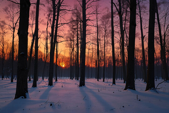 Silhouetted Trees at Pink and Purple Sunset