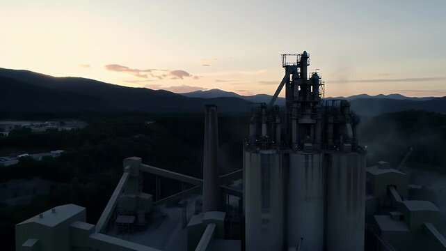 Rotary kiln and cement processing towers during sunset