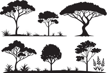 Fototapeta premium Silhouette Tree and Plant Icons on White Background Vector Set