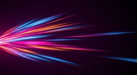 Abstract explosion of vibrant neon light trails in shades of blue pink and orange against a dark background creating a sense of speed and energy