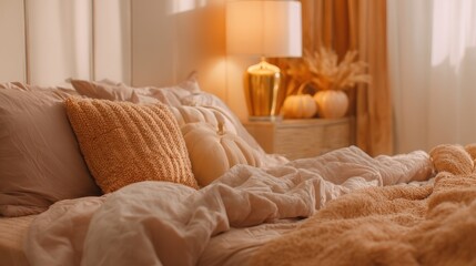 A cozy bedroom scene featuring a bed with pillows, a lamp, and decorative pumpkins on a nightstand