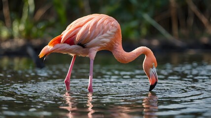 A graceful flamingo with soft pink feathers and long legs dips its beak into tranquil water, searching for food. Its reflection shimmers across the surface