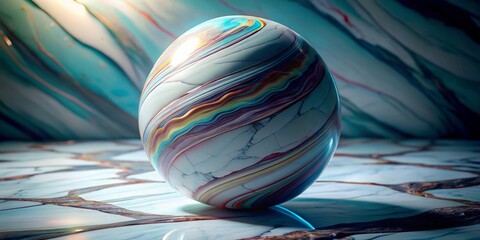 A mesmerizing abstract orb with swirling multicolored marble patterns rests on a sleek, marbled surface, creating a captivating visual spectacle