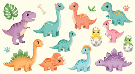 Naklejka premium Cute cartoon dinosaurs and baby dinosaurs hatching from eggs vector
