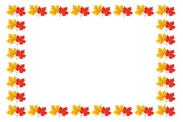 Rectangular frame made of yellow and red maple leaves on an isolated white background. Bright autumn foliage wreath border design. Fall decoration element for seasonal projects. Copy space.