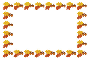 Rectangular frame made of yellow and brown oak leaves with acorns. Autumn botanical border design. Seasonal oak leaf and acorn composition on white isolated background. Vector illustration. Copy space