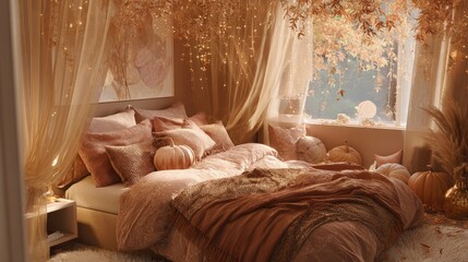 A cozy bedroom with a bed covered in pillows and blankets, decorated with pumpkins and fairy lights hanging