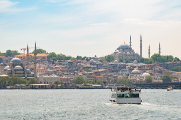 Fototapeta premium A view of the European side of Istanbul, including multiple mosques, from the Bospherous