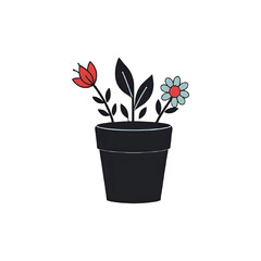 Potted Plants: Simple Flower Illustration, Minimalist Design, Red and Blue Flowers, Dark Background