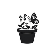 Monochromatic Illustration: Butterfly and Plant in Pot