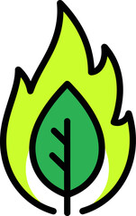 Fototapeta premium A stylized icon of a green leaf engulfed in bright lime-green flames, symbolizing biofuel or environmental concerns.