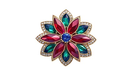 Ornate floral brooch with red green and blue gemstones