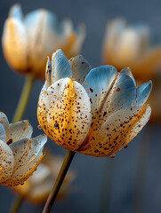 Close-up of speckled tulips with dew drops