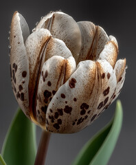 Close-up of a speckled tulip with dew drops