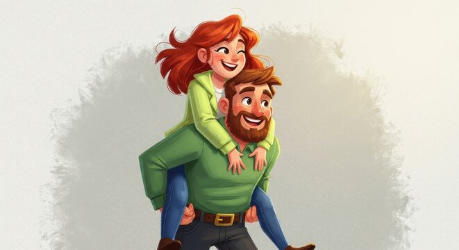 Animated couple enjoying playful piggyback ride, filled with laughter and happiness