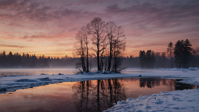 Silhouetted Trees at Pink and Purple Sunset