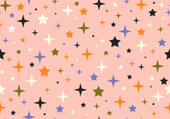 Seamless pattern with stars and sparks. Christmas, birthday design in vibrant colors on a light background. Trendy modern vector illustration. Cute hand drawn flat design