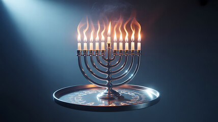 Fototapeta premium Illuminated Hanukkah Menorah Displaying Warm Candlelight Flames Against a Gradient Blue Background Symbolizing a Celebration of Light