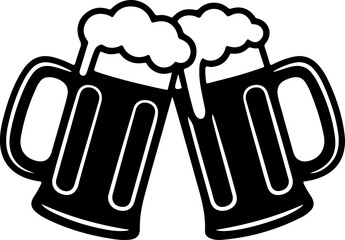 Black silhouette vector of two beer mugs clinking together in a cheers pose