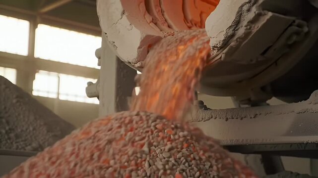 Rotary kiln pouring heated raw material into processing chamber