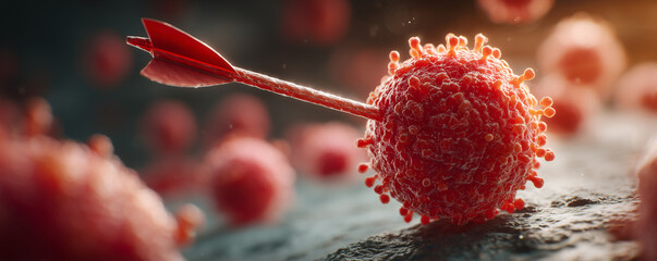Red arrow piercing a virus cell; disease treatment