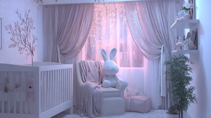 A baby room with a white crib, a chair with a bunny, and curtains with fairy lights in the background