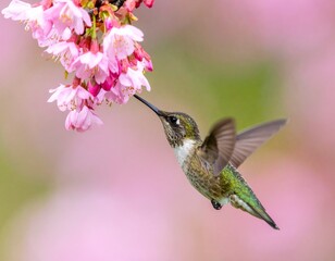 Obraz premium Hummingbird Feeding on Pink Blossoms