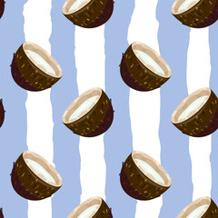 Summer seamless pattern with coconut. Coastal vibes, tropical fruit, exotic food. Vector print