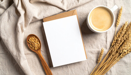Aesthetic Coffee Moment: A harmonious composition of a warm cup of coffee alongside a blank card, a wooden spoon with grains, and wheat, all resting on a natural linen cloth.