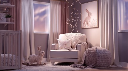 A nursery with a crib chair bunny artwork and window with soft lighting and decorative items present